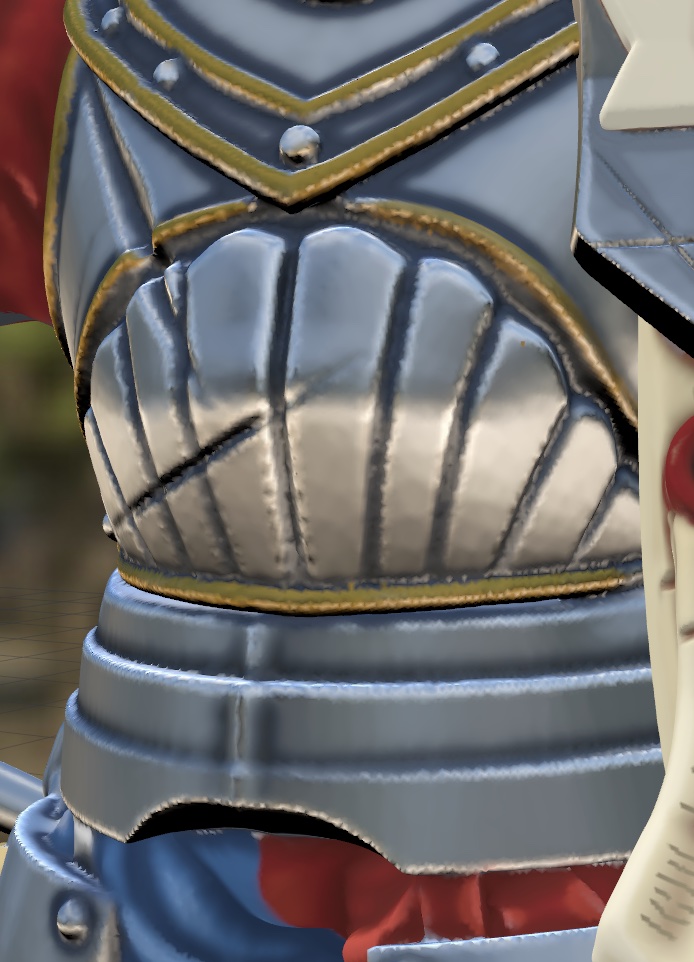 Close-up of a knight's baked color 3D print: layered steel and blue armour with gold trim