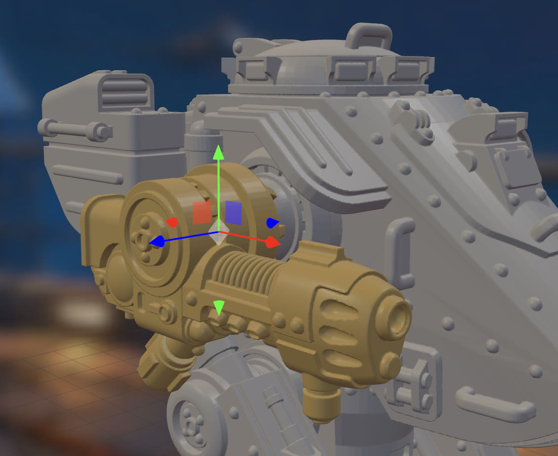 Assembling and posing a weapon on a vehicle model with the transform gizmo in MyMiniStudio's build mode