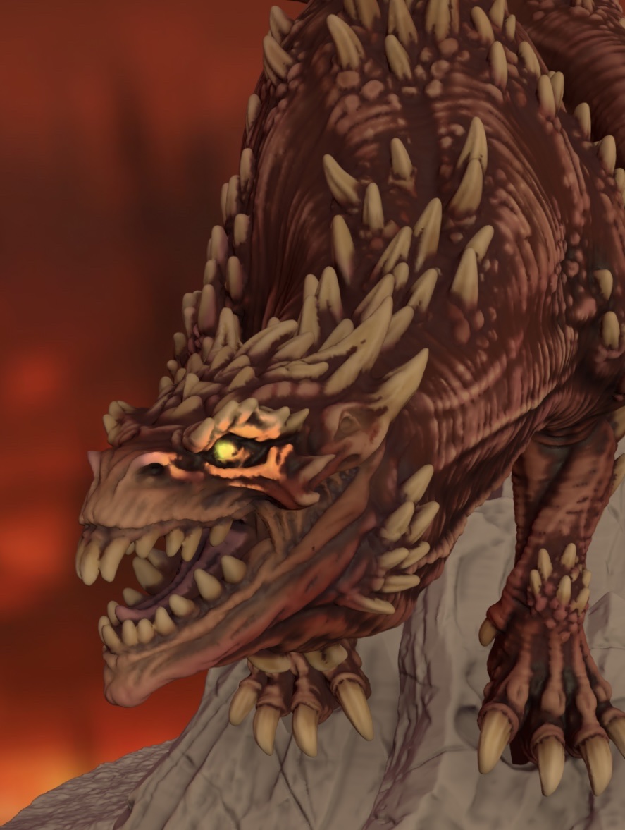A painted red dragon crouched on a rocky outcrop over lava, rendered in MyMiniStudio on an iPad