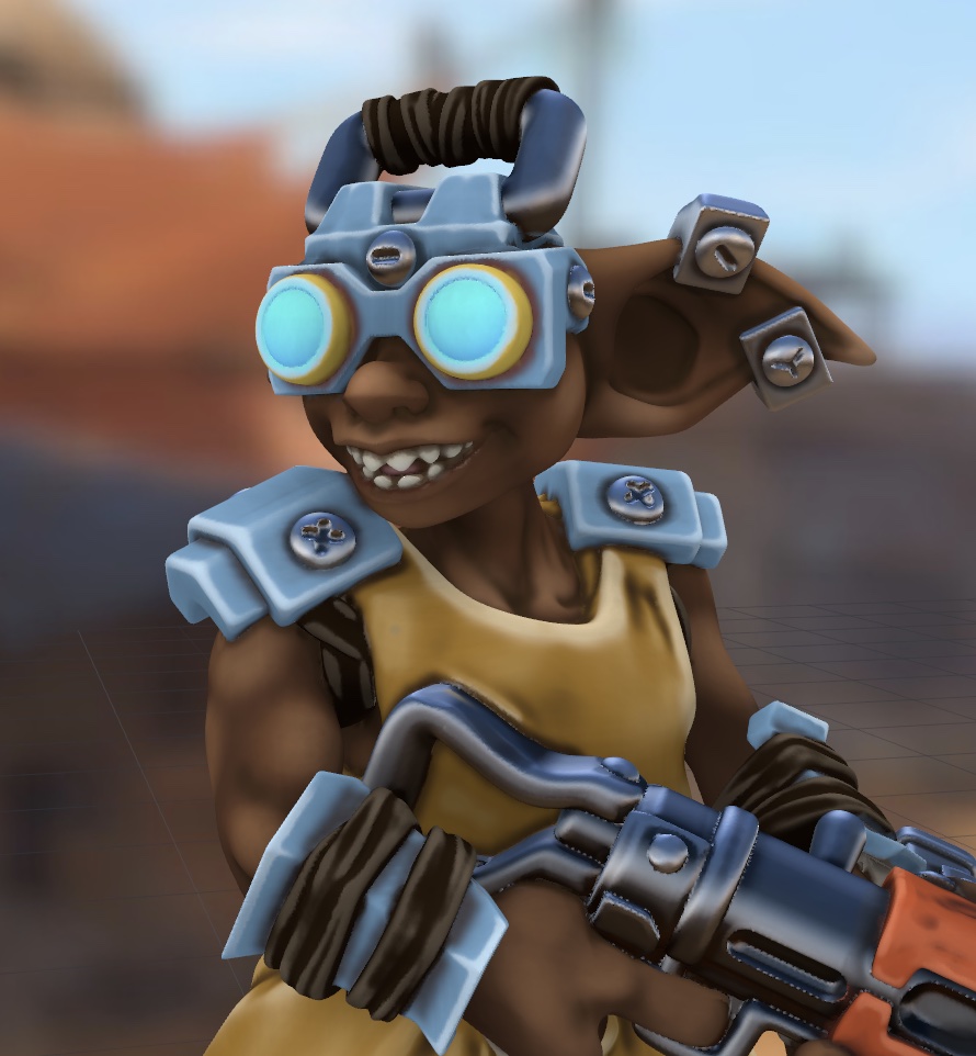 A color 3D printed goblin tinkerer in a yellow tank top with blue goggles and armour plates