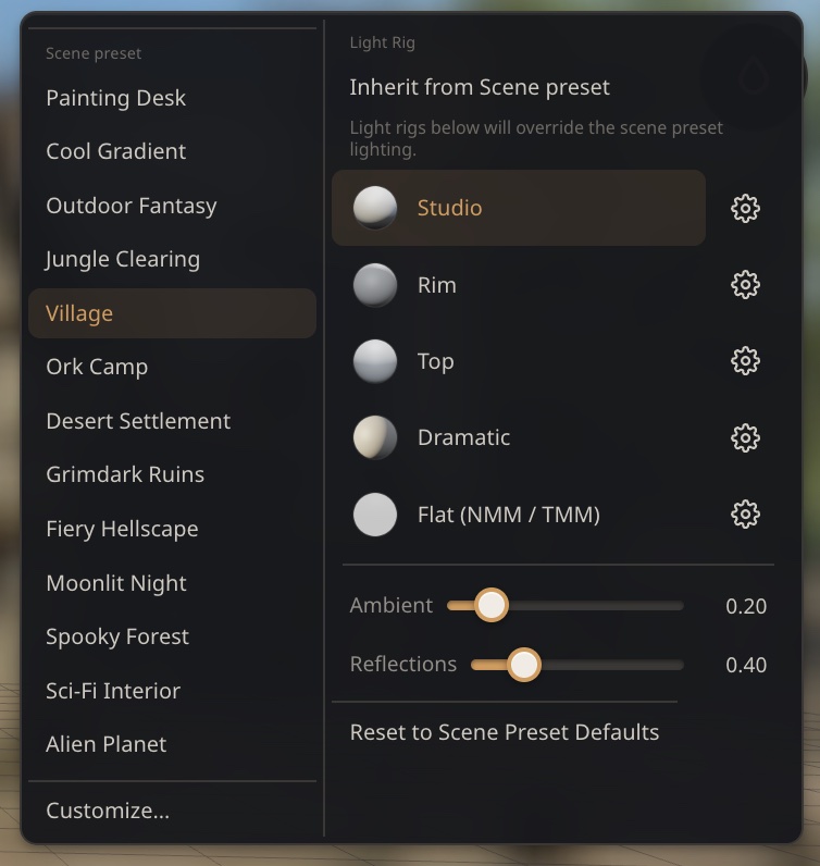 The MyMiniStudio scene preset and light rig panel: a list of scene presets beside studio light rigs with ambient and reflection sliders