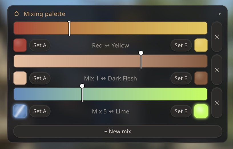 The MyMiniStudio mixing palette: gradient sliders blending between two paints, with Set A and Set B swatches for each mix