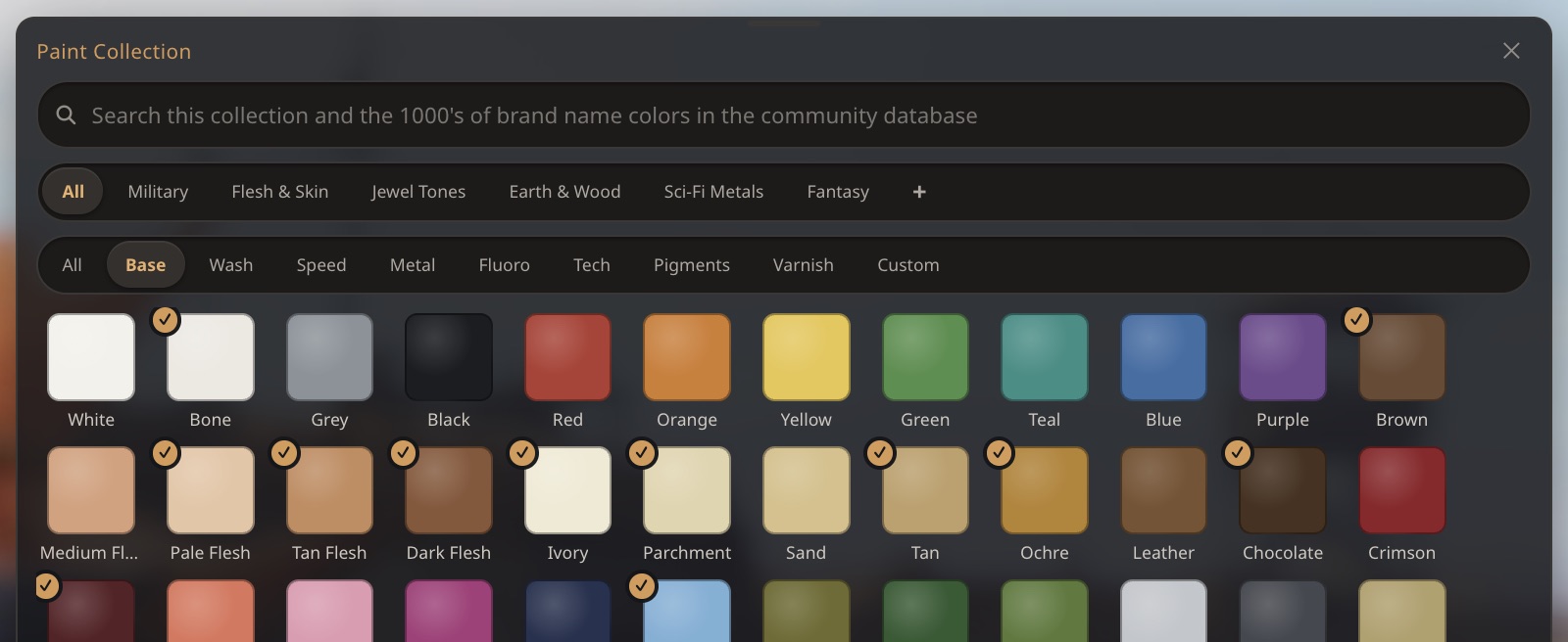 The MyMiniStudio paint collection browser: a searchable grid of paints organised by category, with many colors selected