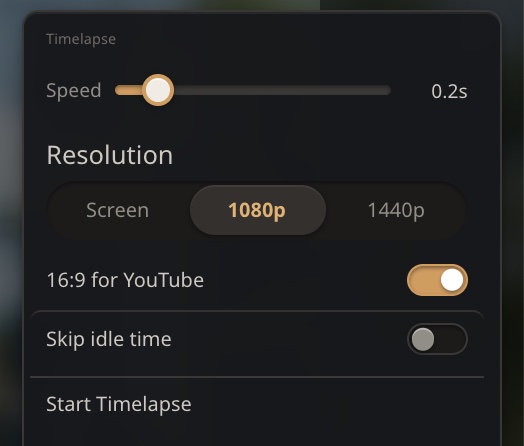 The MyMiniStudio timelapse panel: speed slider, resolution options, a 16:9 for YouTube toggle and a skip idle time toggle